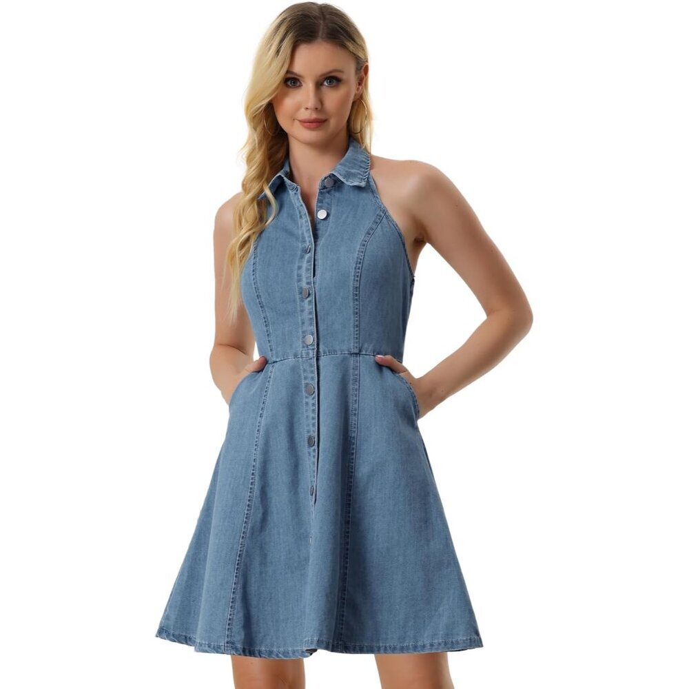 Lightweight Denim Dress Women's Sleeveless Halter A-Line Button Summer